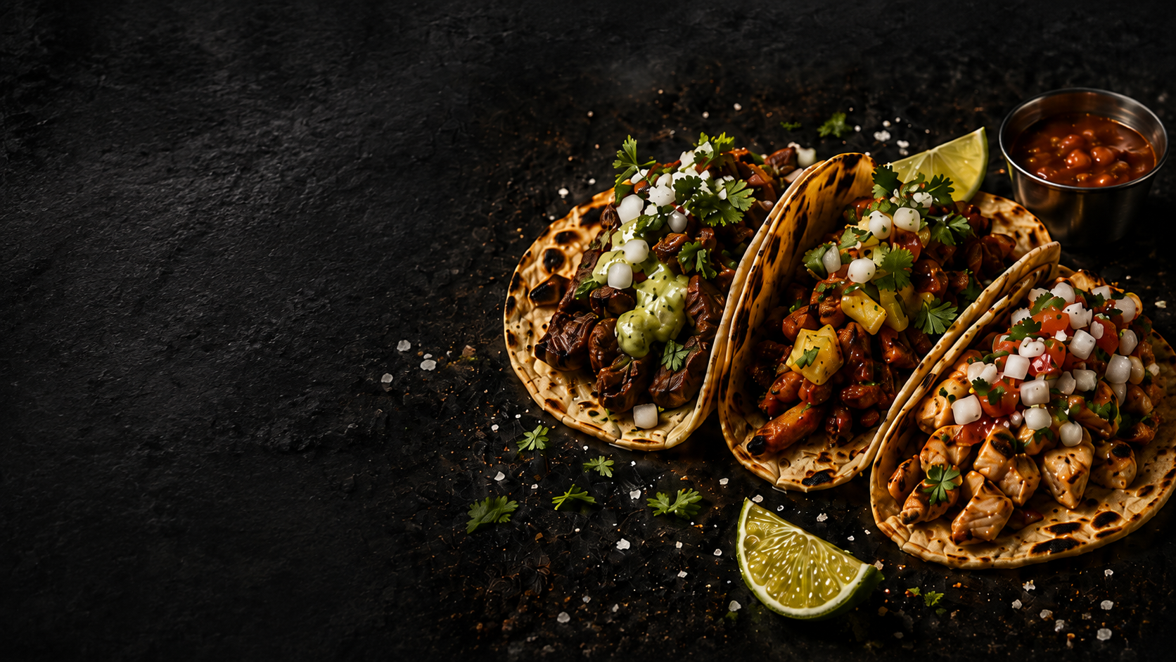 A plate of tacos with colorful fillings and cilantro